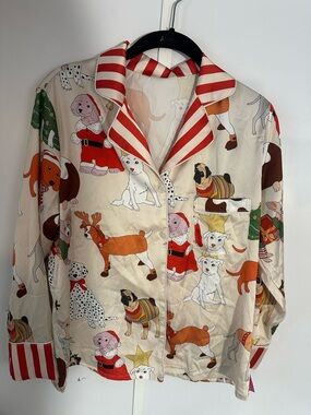 Dog Print Holiday Pajama Shirt - Cream with Red Stripe